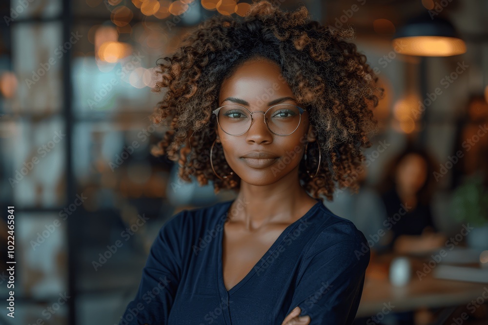 Portrait of a smiling African American businesswoman in office with glasses and navy blue attire Portrait of a smiling African American businesswoman in office with glasses and navy blue attire