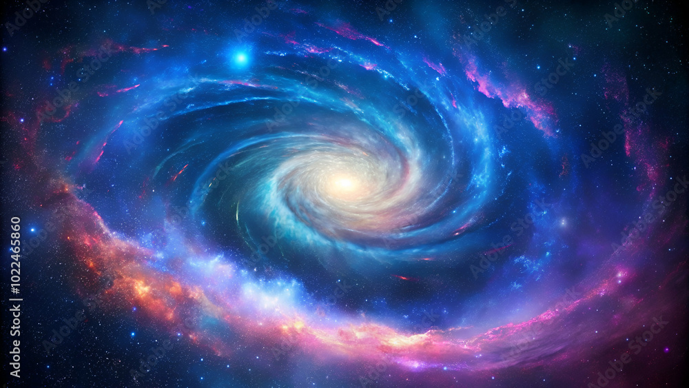 Vivid spiral galaxy cut out, showcasing deep blues and purples swirling around a bright central core