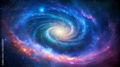 Vivid spiral galaxy cut out, showcasing deep blues and purples swirling around a bright central core