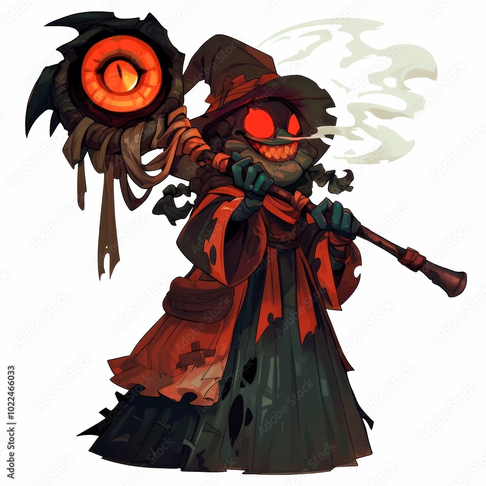 Fototapeta premium A whimsical, menacing character in a tattered robe, wielding a staff with a glowing eye.