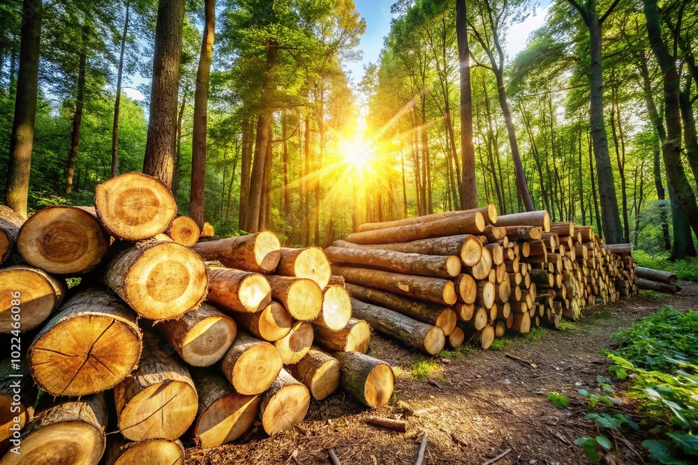 Stacked Freshly Cut Wood Logs in a Tranquil Forest Setting - Nature and Sustainability Stacked Freshly Cut Wood Logs in a Tranquil Forest Setting - Nature and Sustainability