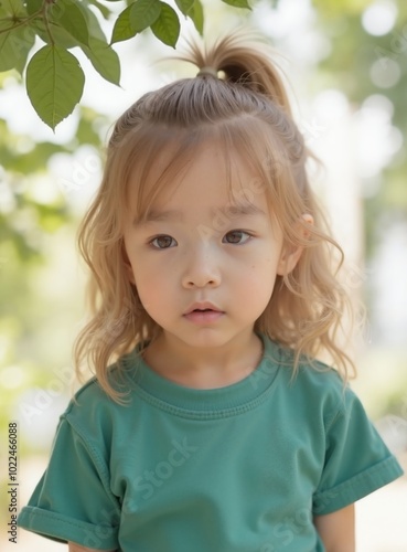 models : minjoo - Contemplative Blonde Toddler Girl in Teal T-shirt, Outdoor Soft Focus Portrait