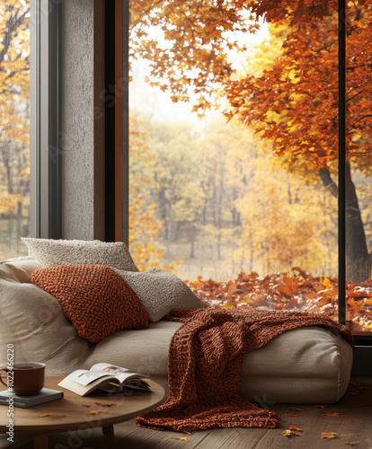 A cozy corner of the house, perfectly suited for autumn relaxation. AI generative. photo