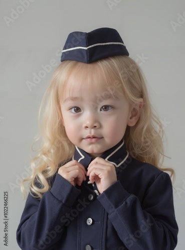 models : minjoo - Adorable Blonde Toddler Girl in Navy Uniform Adjusting Collar, School Readiness