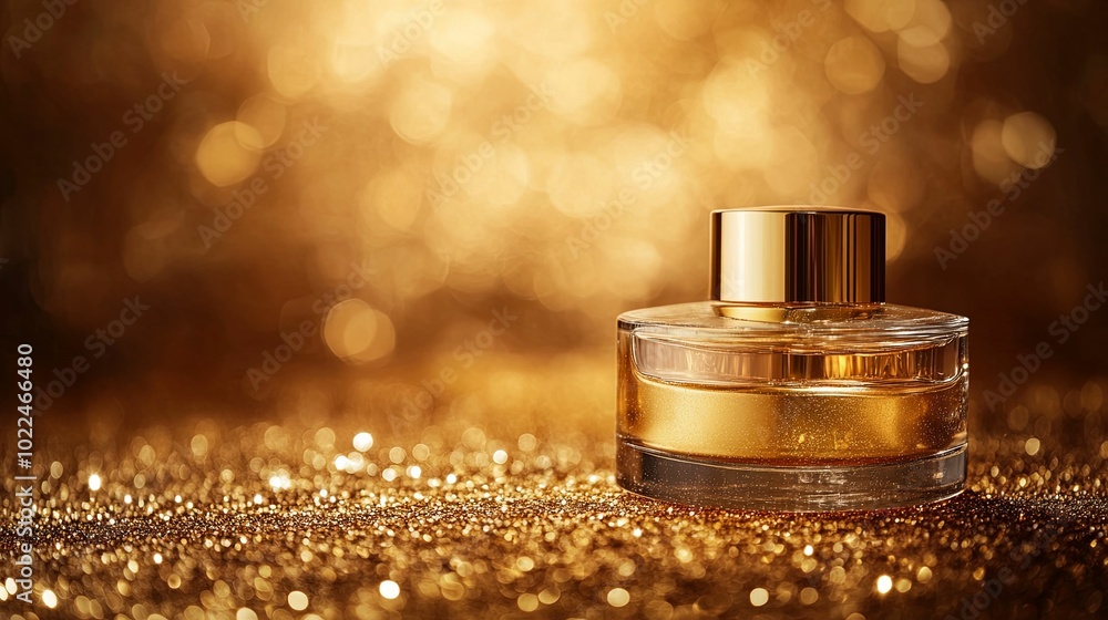 Gold Perfume Bottle on a Sparkling Background Gold Perfume Bottle on a Sparkling Background