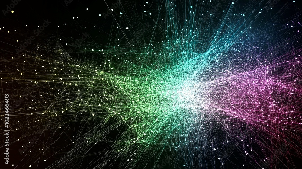 Fototapeta premium Abstract representation of data flow with colorful lines and points, symbolizing connectivity.