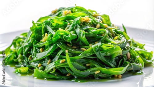 Wakame algae displayed against a white backdrop highlights its nutritional benefits, serving as an ideal healthy food option for diverse culinary applications and nutritious meal preparation.