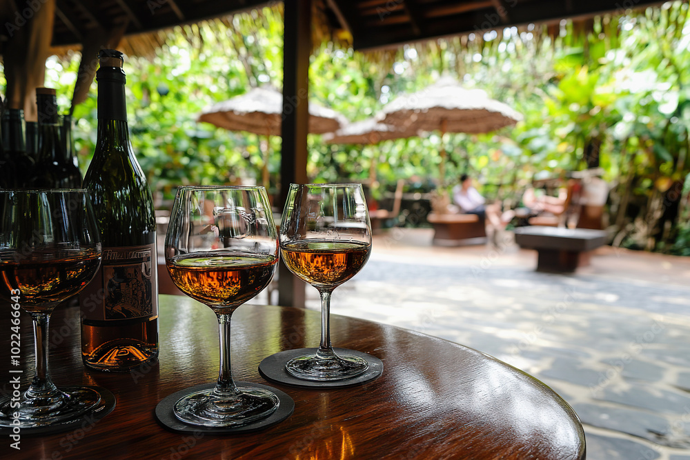 Outdoor wine tasting experience under garden canopies during sunny afternoon Outdoor wine tasting experience under garden canopies during sunny afternoon