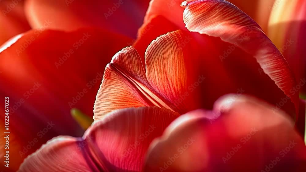 A close-up view of red tulip petals in a garden on a sunny day A close-up view of red tulip petals in a garden on a sunny day
