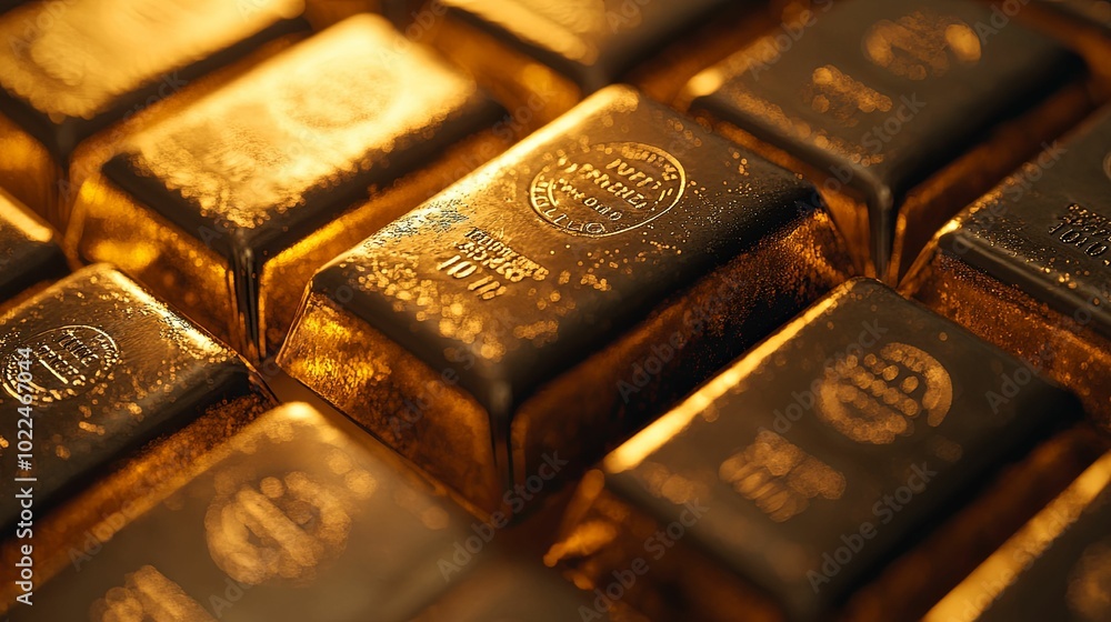 Close-up of Stacked Gold Bars with Stamped Markings Close-up of Stacked Gold Bars with Stamped Markings