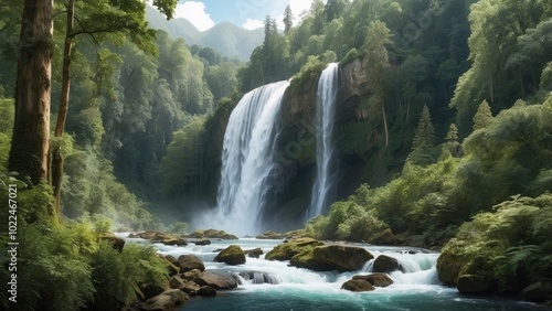 A majestic waterfall in a remote forest, surrounded by towering trees, with the sound of rushing water echoing through the lus photo