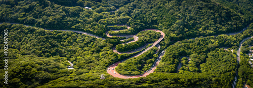 Aerial view of a winding mountain road in Fuji-Hakone Izu National Park, Japan photo