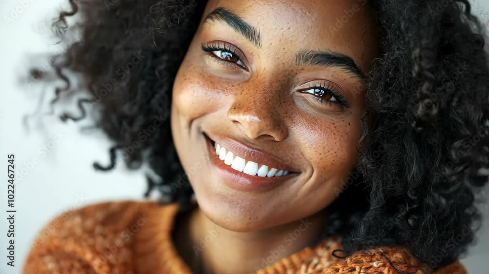 A woman with curly hair and freckles smiles brightly while wearing a brown sweater A woman with curly hair and freckles smiles brightly while wearing a brown sweater