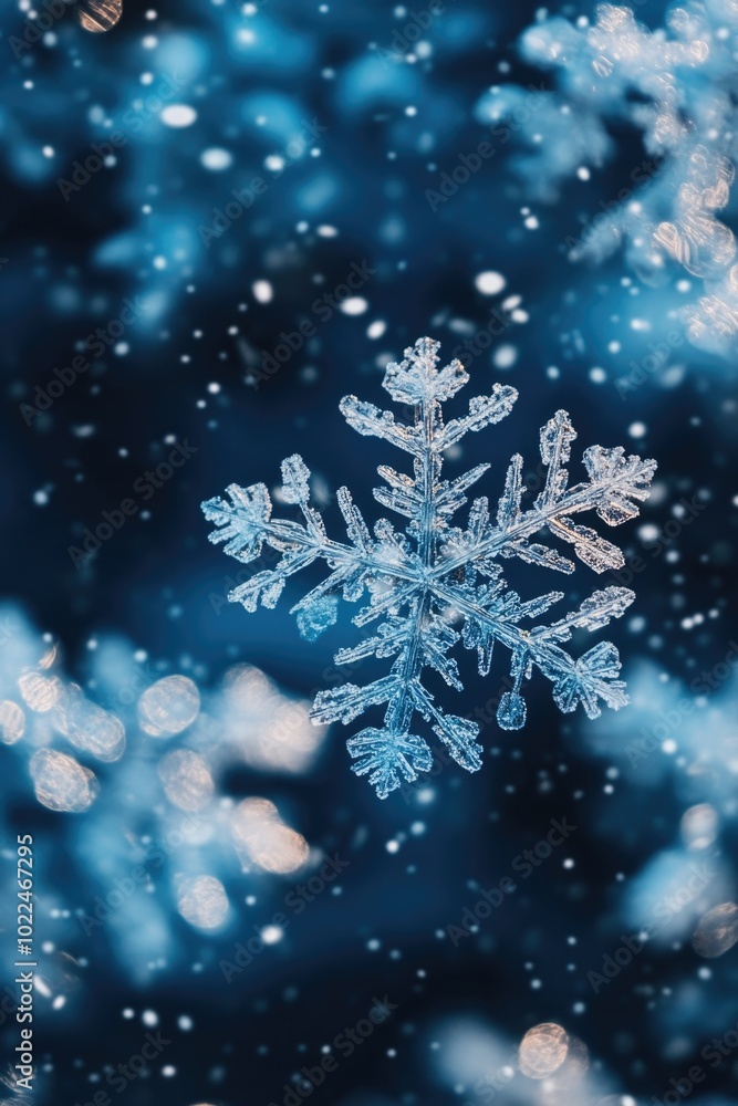 Close-up of snowflake on blue background Close-up of snowflake on blue background