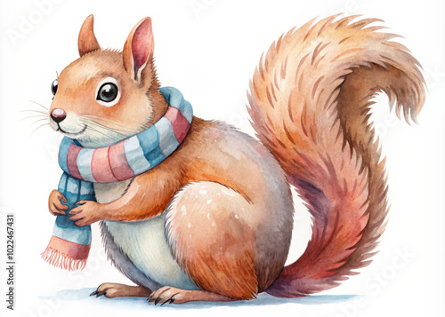 Whimsical squirrel wearing striped scarf, illustrated in watercolor style. This charming character exudes playful and cozy vibe, perfect for childrens art or nature themes photo