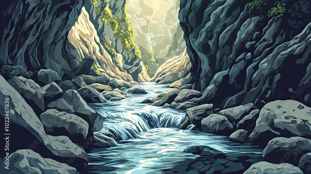Fototapeta premium A Mountain Stream Flows Through a Rocky Canyon