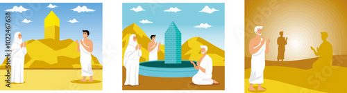 Hajj pilgrims pray on Mount Arafat. Muslims in the design of the Mabrur Hajj pilgrimage celebration. Praying on the Jabal Rahmah mountains in Arafat. Set flat vector modern illustration