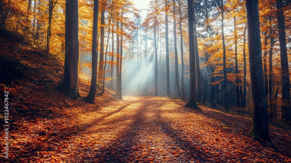 Serene autumn forest path with golden leaves and sunlight. Serene autumn forest path with golden leaves and sunlight.