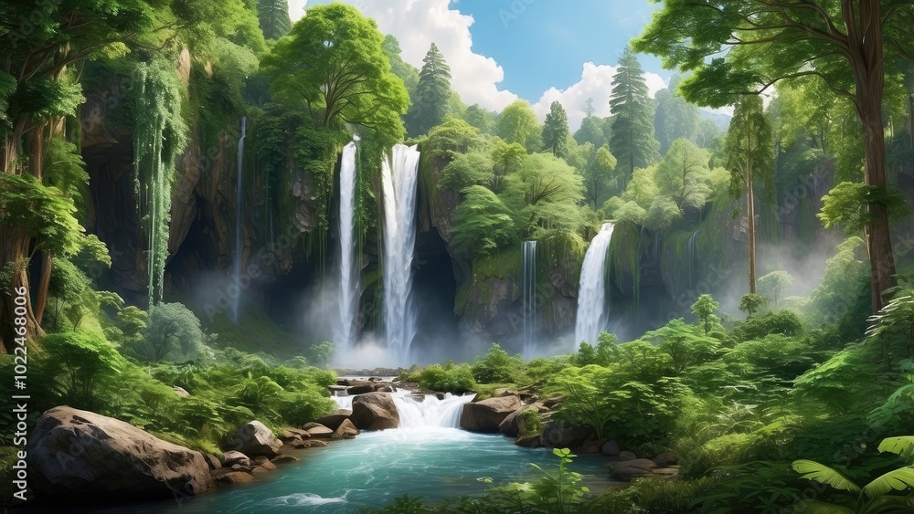 Naklejka premium A serene waterfall flowing through a dense forest, with vibrant green plants and trees framing the scene, creating a