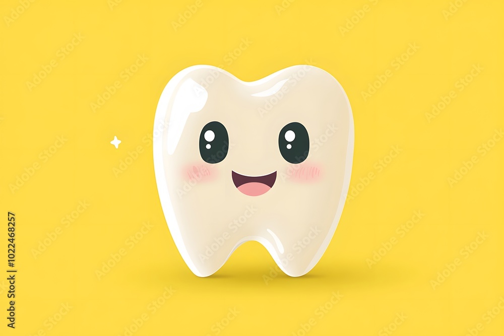 A Smiling Cartoon Tooth with Big Eyes on a Yellow Background A Smiling Cartoon Tooth with Big Eyes on a Yellow Background