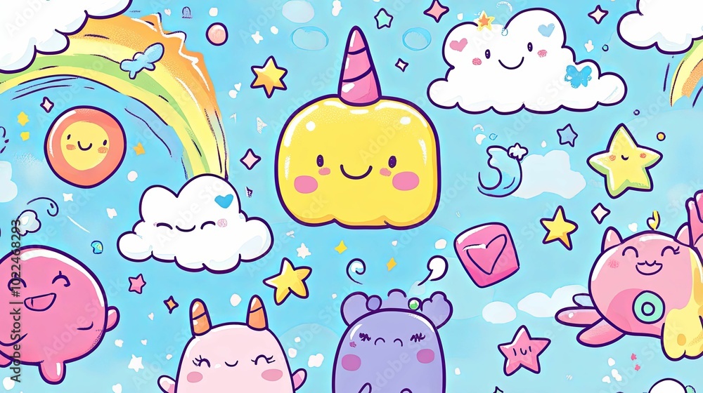 Colorful Cartoon Characters with Rainbow, Stars and Clouds on a Blue Background Colorful Cartoon Characters with Rainbow, Stars and Clouds on a Blue Background