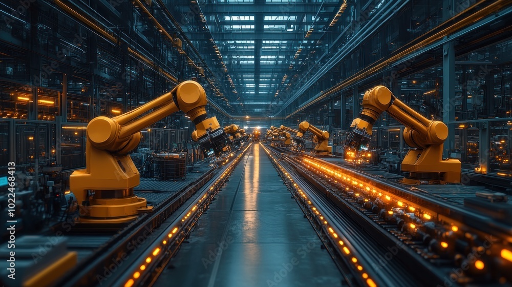 Industrial setting with robotic arms on an assembly line.