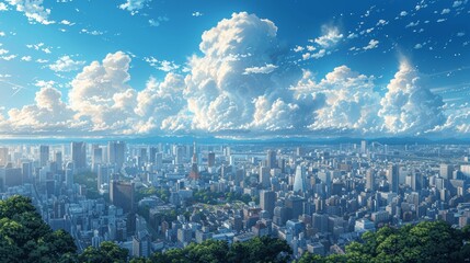 anime cityscape of tokyo skyline with skyscrapers and blue sky in cartoon style high resolution wallpaper