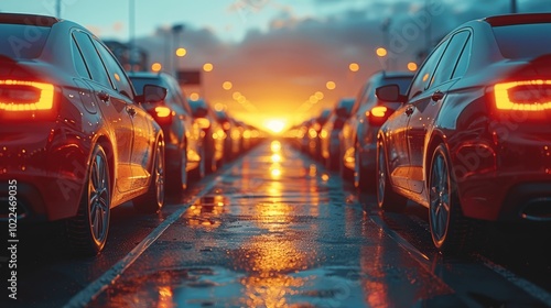 Sunset View of Cars in Outdoor Parking Lot. Used Car Sales and Rental Services. Vehicle Showroom and Dealership Concept.