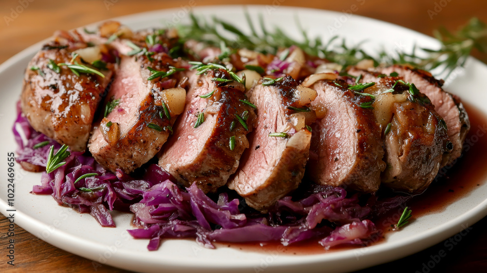 Duck fillet,red cabbage and apple mousse. AI generative. Duck fillet,red cabbage and apple mousse. AI generative.