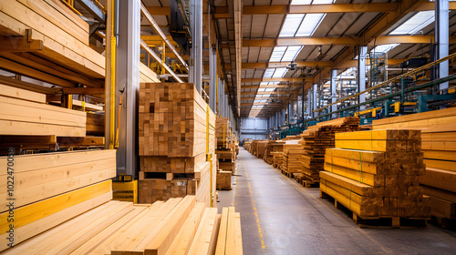 Pine wood planks in a factory setting, showcasing the storage and organization of wooden materials - Concept of modern technology in timber processing and goods production