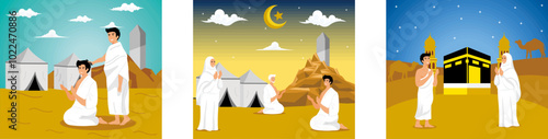 A Muslim shave or trim hair. Man and Woman Hajj characters wear ihram clothes.  Islamic pilgrimage praying for hajj mabroor. Set flat vector modern illustration
