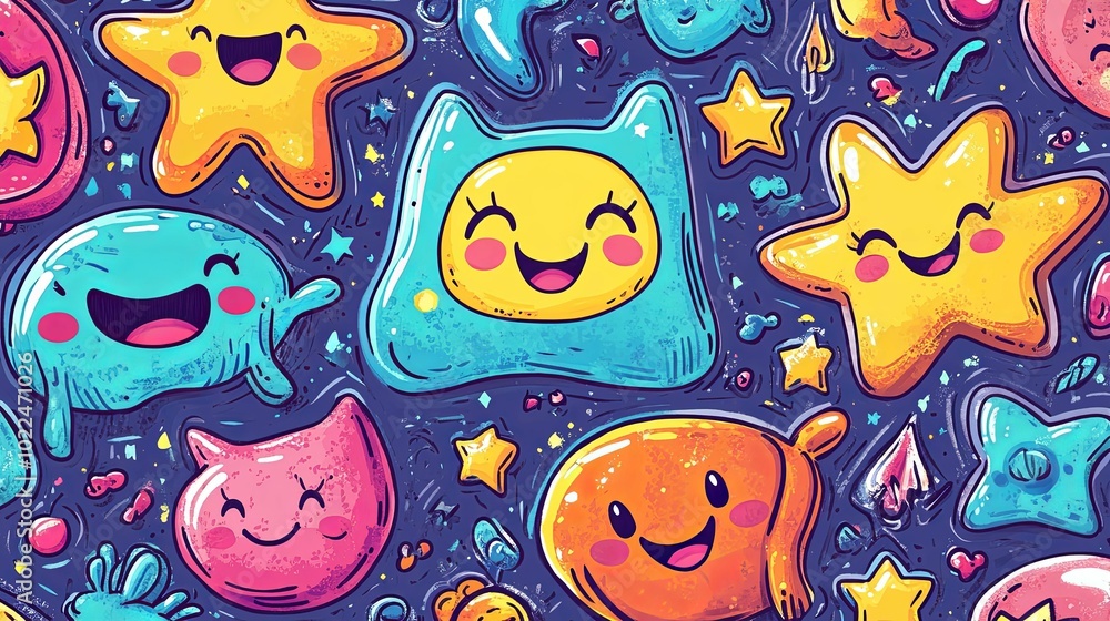 A Vibrant Pattern of Colorful, Cartoon-Style Smiling Shapes A Vibrant Pattern of Colorful, Cartoon-Style Smiling Shapes