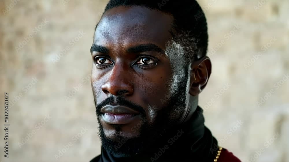 A close-up portrait of a Black man with a serious expression. He has short black hair, a beard, and dark eyes. He is wearing a dark shirt and appears to be in a thoughtful mood. A close-up portrait of a Black man with a serious expression. He has short black hair, a beard, and dark eyes. He is wearing a dark shirt and appears to be in a thoughtful mood.