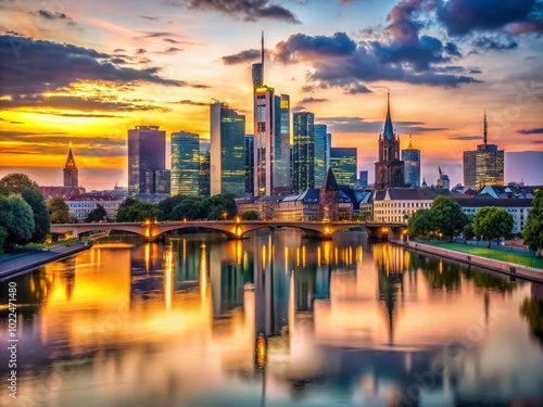 Stunning Skyline of Frankfurt at Dusk with Modern Architecture and River Reflections