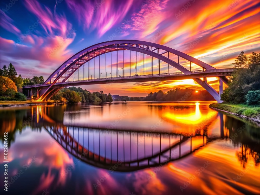 Naklejka premium Stunning Sunset Bridge Over River - Night Photography Capture
