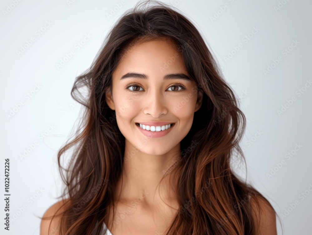 closeup portrait of beautiful young smiling asian indian woman with long hair for beauty and skin care dental ad isolated on white background closeup portrait of beautiful young smiling asian indian woman with long hair for beauty and skin care dental ad isolated on white background