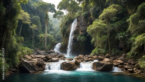  A hidden waterfall deep in the jungle, with crystal-clear water cascading over rocks, surrounded by a dense wall of tropical greenery