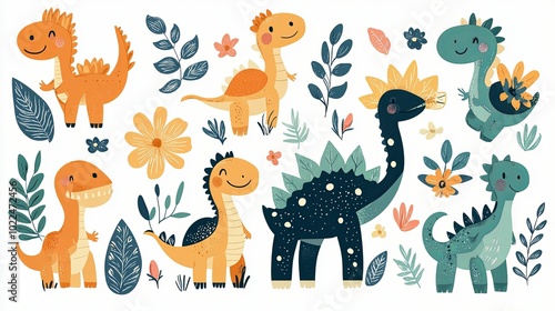 Fototapeta Naklejka Na Ścianę i Meble -  A Colorful Illustration of Six Cartoon Dinosaurs with Floral Details
