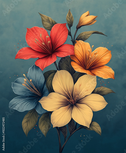 Colorful Floral Vintage Engraved Style Flowers