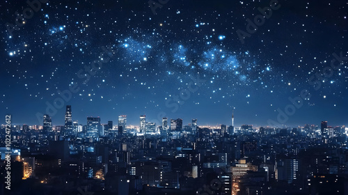 A Nighttime Cityscape with a Starry Sky, a Stunning View of Buildings Illuminated by Lights under a Dark Blue Sky Filled with Twinkling Stars