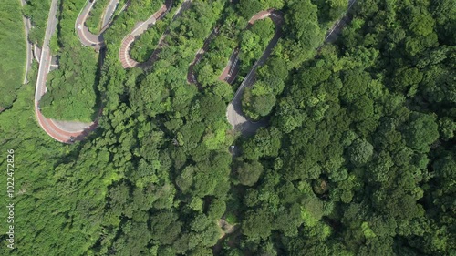 Aerial view of a winding mountain road in Fuji-Hakone Izu National Park, Japan