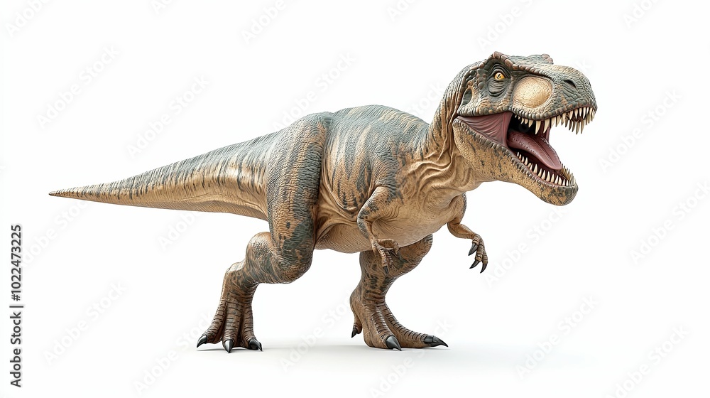 A Tyrannosaurus Rex dinosaur with its mouth open, showing its teeth and tongue, standing on a white background. A Tyrannosaurus Rex dinosaur with its mouth open, showing its teeth and tongue, standing on a white background.
