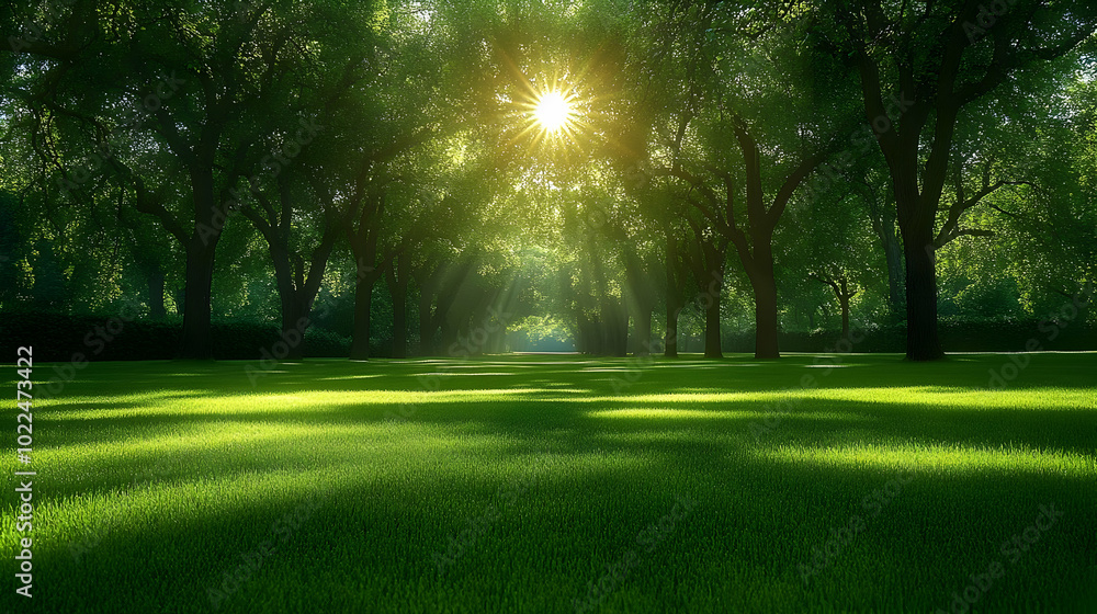 Obraz premium Sunlight Beams Through Lush Green Trees in a Forest Clearing