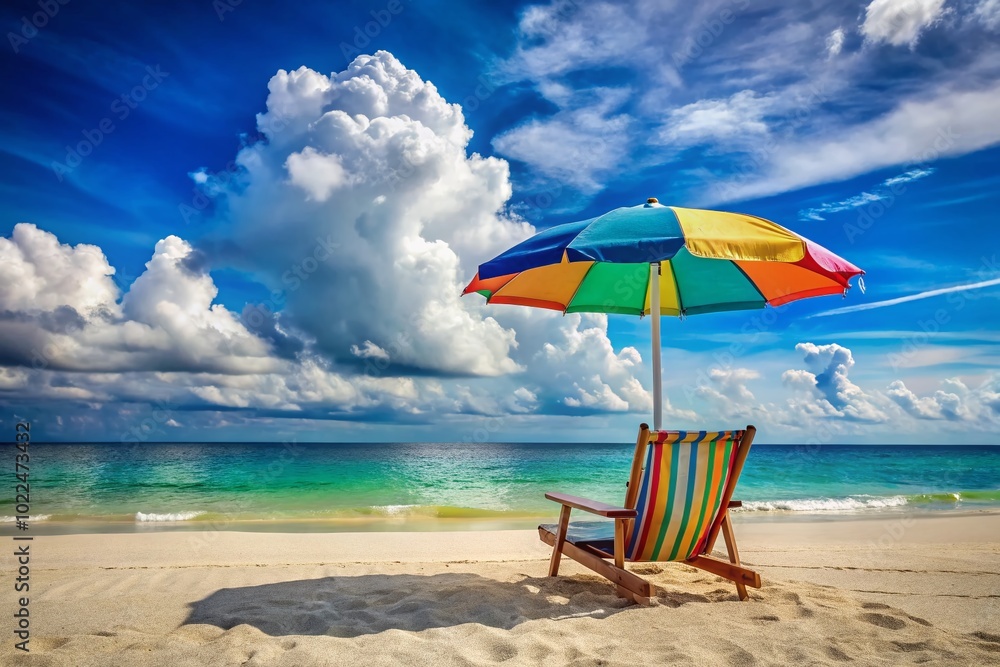 Summertime Beach Scene with Umbrella and Chair - Relaxing Coastal Vibes Summertime Beach Scene with Umbrella and Chair - Relaxing Coastal Vibes