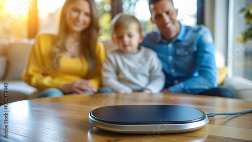 Glossy Wireless Charger on Plain Surface: High-Resolution Image Showcasing Sleek Design for Family Bonding and Convenient Technology Sharing with Copy Space photo