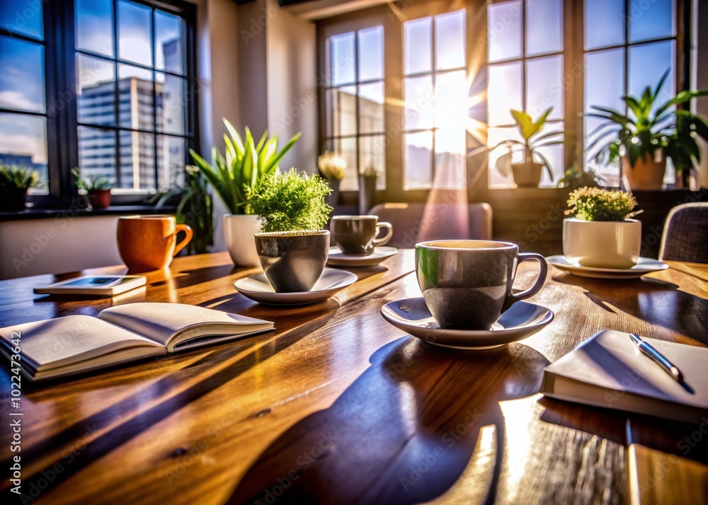 Sunlit Office Meeting Room with Coffee Cups and Potted Plants - Product Photography Sunlit Office Meeting Room with Coffee Cups and Potted Plants - Product Photography