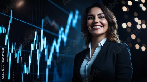 A confident businesswoman grinning with satisfaction as she stands in front of a rising stock market graph