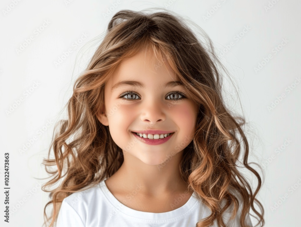 closeup portrait of a happy smiling little girl with wavy hair wearing a white t-shirt isolated on a white background dental ad cute young kid with clean teeth teen model closeup portrait of a happy smiling little girl with wavy hair wearing a white t-shirt isolated on a white background dental ad cute young kid with clean teeth teen model