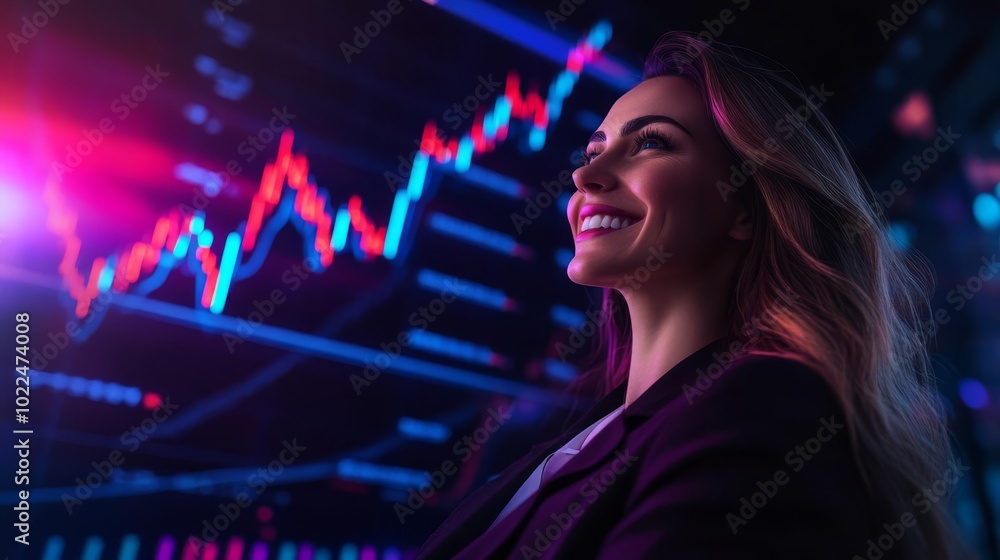 A successful businesswoman smiling with pride and joy as the stock market graph rises sharply behind her