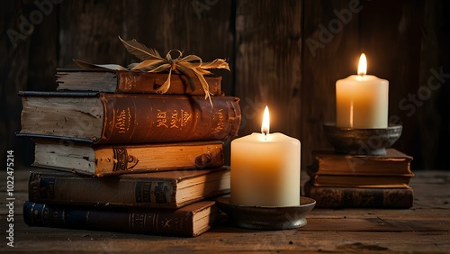 Old Books and Burning Candles on a Rustic Wooden Table: Cozy Vintage Scene with Warm Atmosphere photo